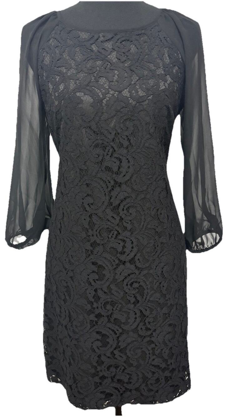 Adrianna Papell Black Lace Sheath Dress 4 Cocktail Wedding Guest 3/4 Sleeve